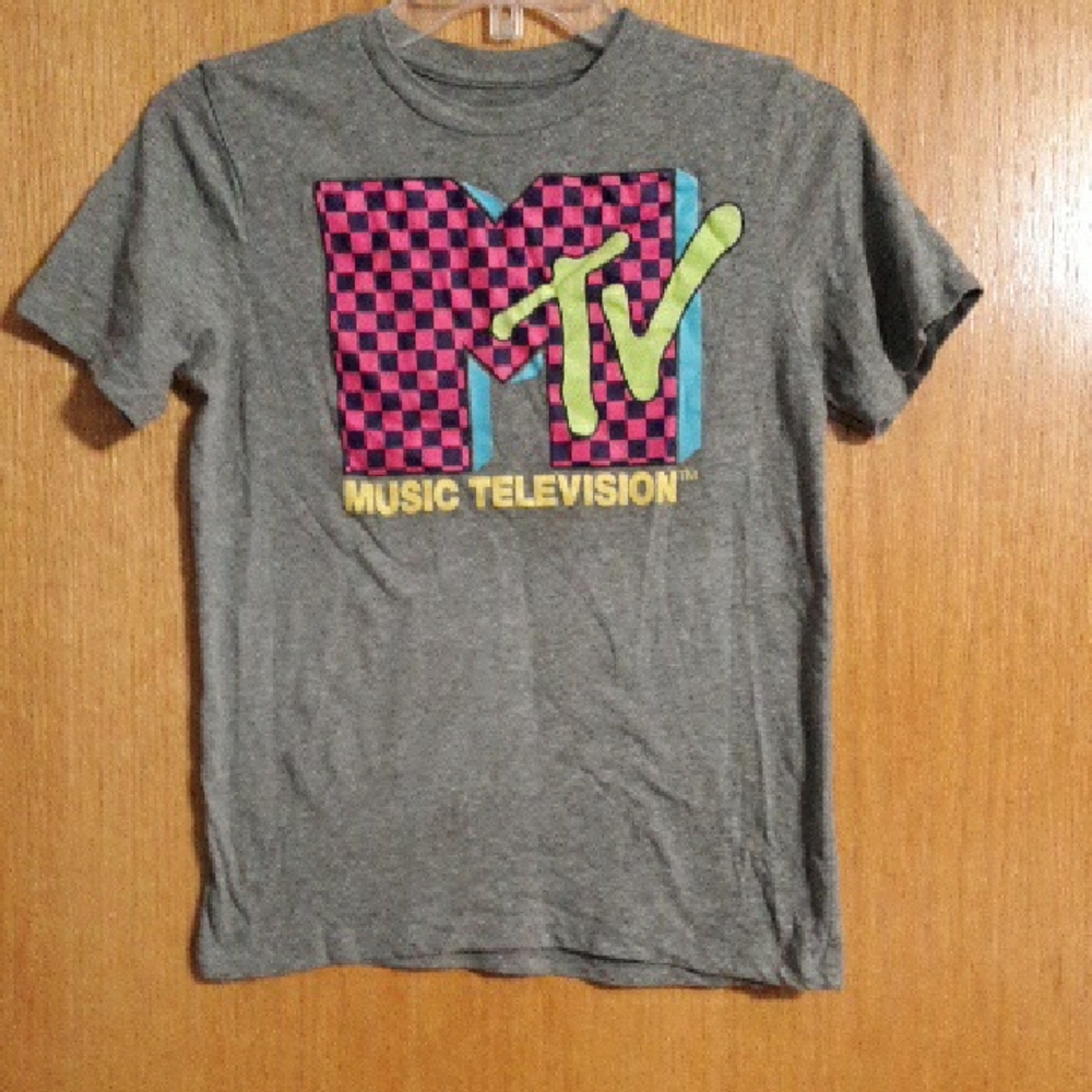 MTV Gray Tee with Pink Checkerboard & Lime Logo, Size L (10-12)